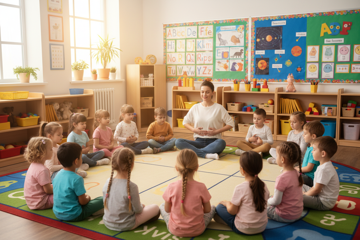 salon de clases con ninos pequenos entre 4 y 6 anos, todos respirando 
